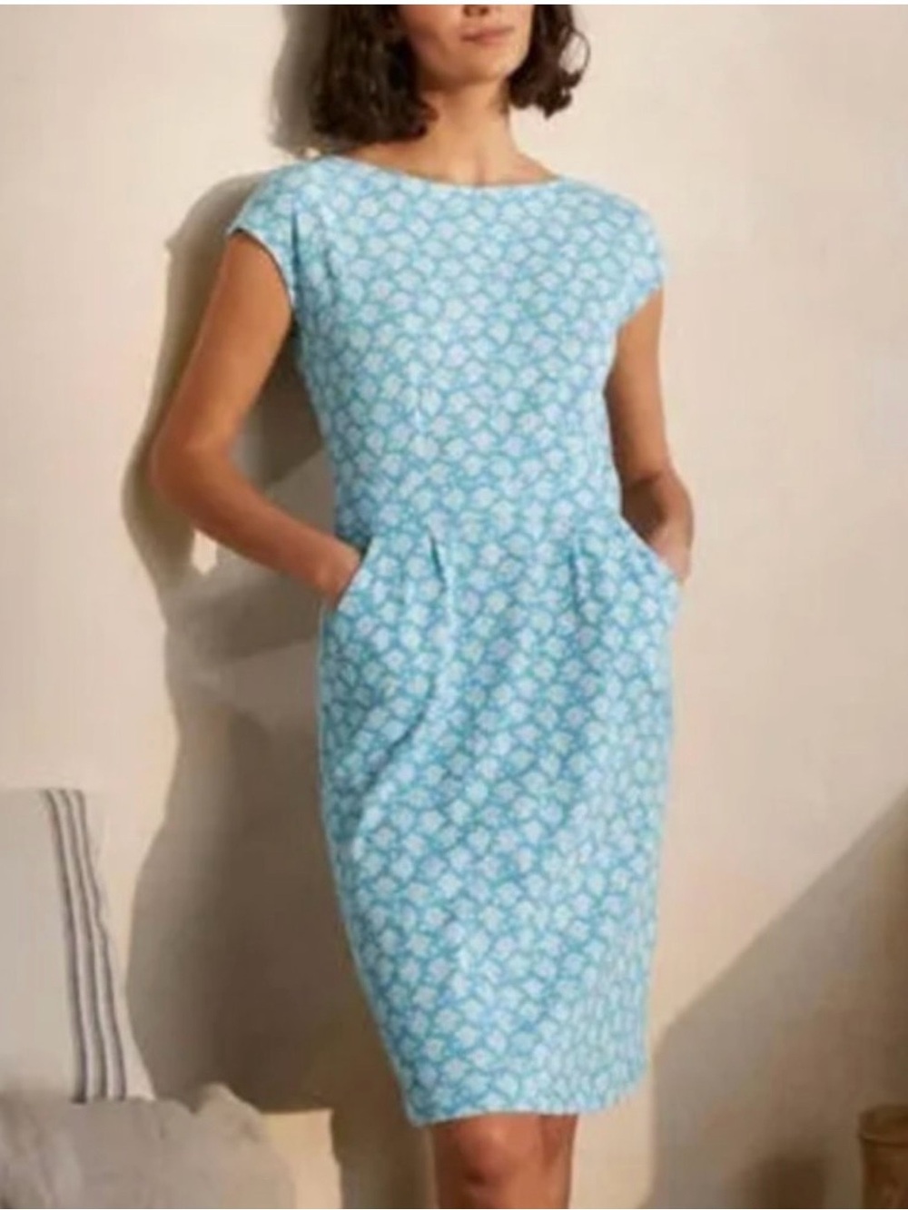 Boden Florrie Cotton Jersey Sheath Dress Aqua Blue Bird Tile New 8 L